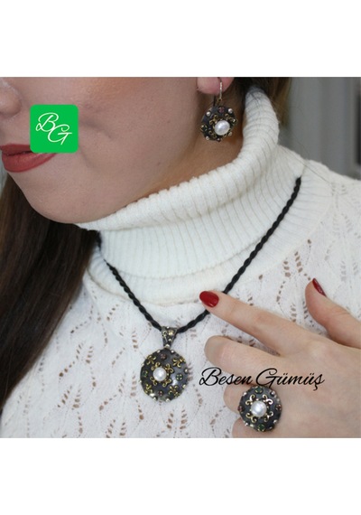 Yakut Ve Zümrüt Taşlı Otantik El Yapımı İncili Set Rose Gold - Gümüş