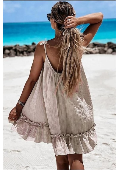 Aqe Fashion Kadın Pileli Spageti Askılı Bej Elbise BEJ