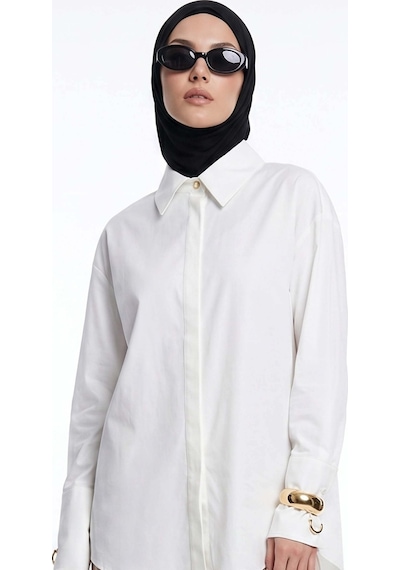 Armine Trend Gizli Düğmeli Oversize Gömlek Ekru 25kt304