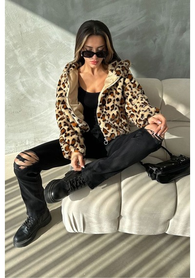 Verymoda Leopar Baskılı Peluş Mont F1654 Koyu Taş Leopar
