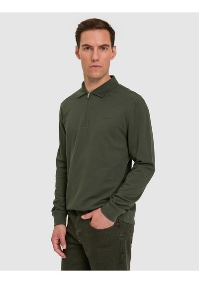 Pierre Cardin Koyu Yeşil Slim Fit %100 Pamuk Kıvrılmaz Fermuarlı Polo Yaka Basic Sweatshirt 50334013-vr079