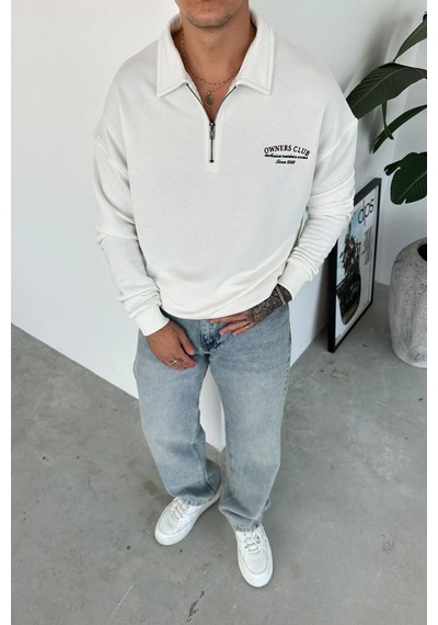 Beyaz Ow Nakış Yarım Fermuarlı Sweatshirt Beyaz