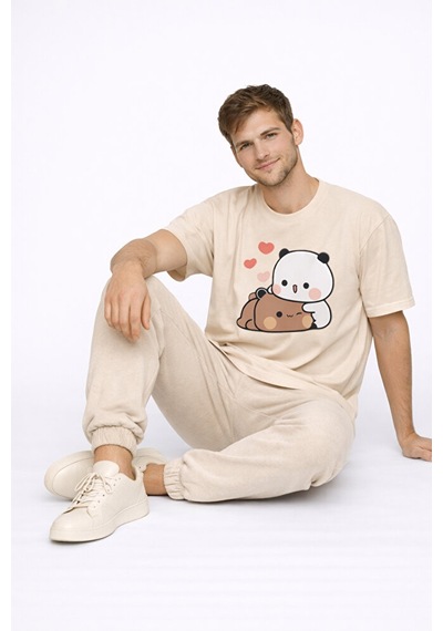 Sevimli Panda Baskılı Sevgili Kombini Çift Tişört Oversize Unisex Bej