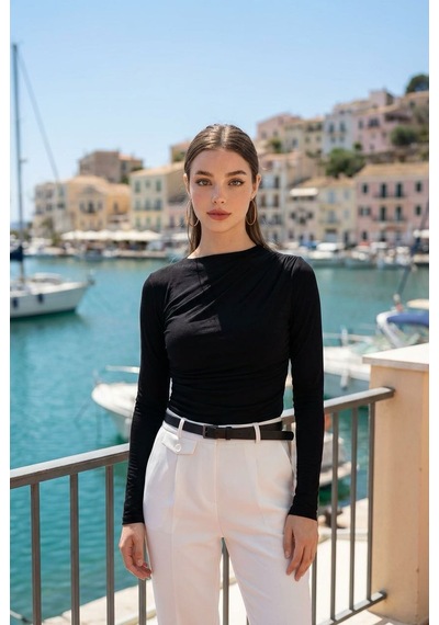 Seeh Siyah Drape Detaylı Uzun Kollu Kadın Bluz Sh358 Regular