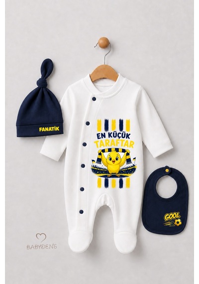 Babyden's Sarı Lacivert Taraftar Temalı 3'lü Bebek Tulum Seti %100 Pamuk En Küçük Taraftar Baskılı Yenidoğan Bebek Tulum Seti