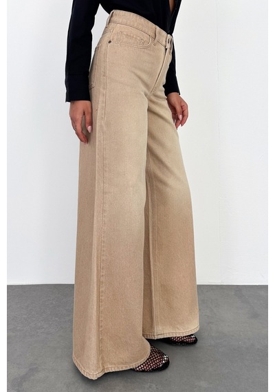 HLT Jeans Bej Kadın Wide Leg Jean %100 Pamuklu Yüksek Bel Palazzo Kot Pantolon Angel-2060