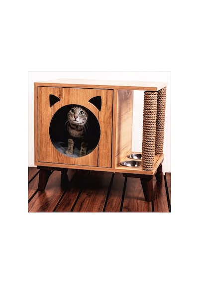 Tahta Karınca Minimalist Tırmanma Halatlı Mobilya Kedi Evi + Mama Kabı