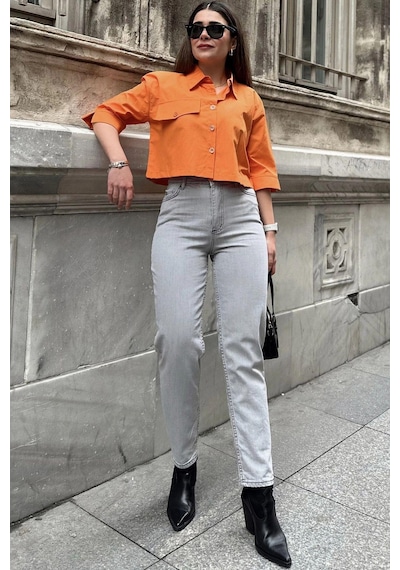 WeShaya Kadın Gri Yüksek Bel, Rahat Kesim, Boru Paça, Skinny Kot Pantolon - Jeans Açık Gri