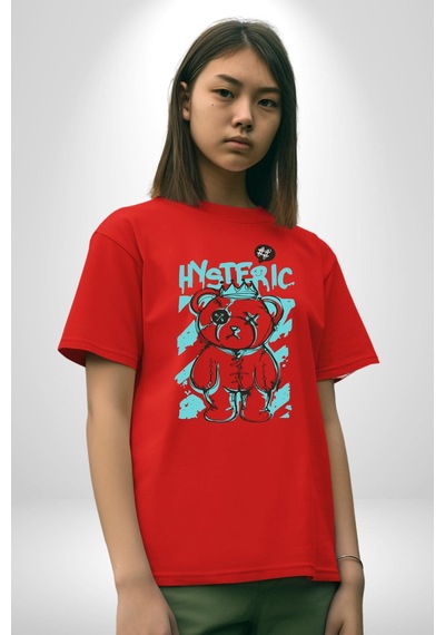 Histerik Pamuklu Bisiklet Yaka Unisex Oversize Boyfriend Dijital Baskılı Kırmızı T-shirt Kırmızı