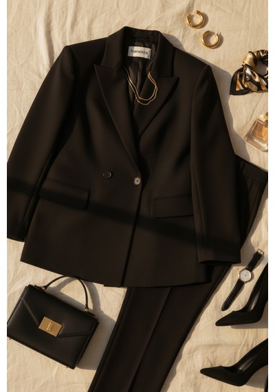 Hanezza Çift Düğmeli Blazer Ceket Plus Size Siyah - 789093682 Siyah