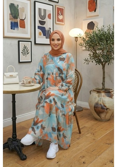 Hb Harma Time Butik Kadın Rahat Kesim Desenli Modal Kumaş Mavi Elbise
