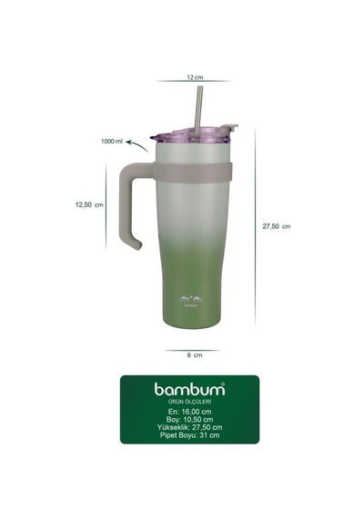 Bambum Horizon - Pipetli Termos Bardak Yeşil 1000ml Yeşil