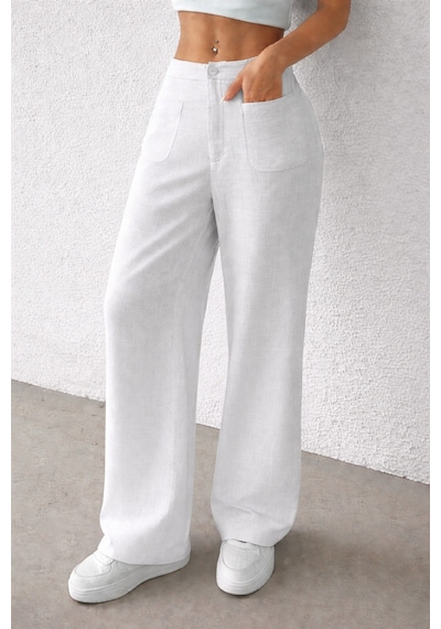 Tarz Cool Kadın Wide Leg Pantolon Ön Cep Detaylı Rahat Kalıp Günlük Pantolon Beyaz