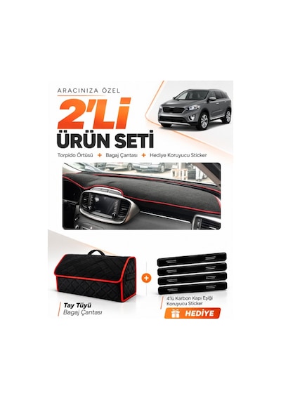Kia Sorento 2015-2018 Uyumlu Torpido Örtüsü + Tay Tüyü Bagaj Çantası + Sticker - Siyah Kırmızı