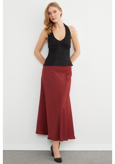 Fullamoda Beli Lastikli Maxi Boy Saten Etek Bordo