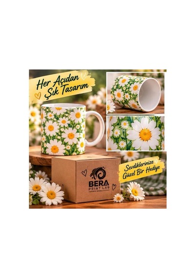 Bera Print Lab Papatya Desenli Kupa Bardak 300 Ml Çiçekli Kahve Ve Çay Kupası Hediyelik Kutulu Beyaz - 938831274 Beyaz