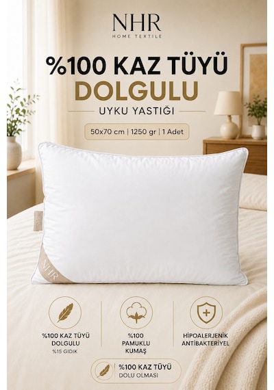 %100 Kaz Tüyü Dolgulu,%15 Gıdık Uyku Yastığı/50x70 1250gr/1 Adet