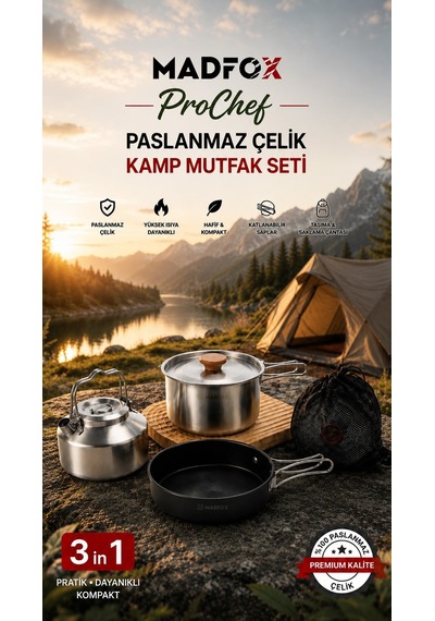 Madfox Prochef 3ın1 Paslanmaz Çelik Kamp Mutfak Seti Siyah