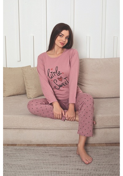 Kadın Baskı Detaylı Uzun Kollu Kalp Desenli Pijama Takım Pembe