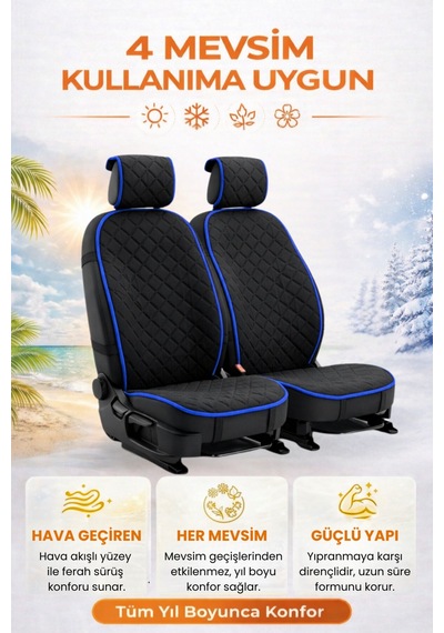 Oto Koltuk Kılıfı Tay Tüyü 2'li Ön Minder Terletmez Kaymaz Airbag Uyumlu - Siyah Mavi