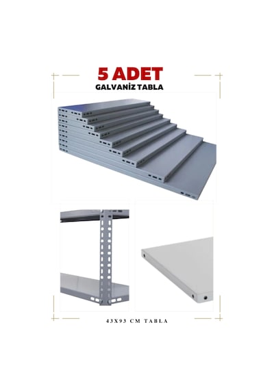 5 Adet Galvaniz Çelik Raf Tablası - Depo, Arşiv, Kiler, Dosya, Market Rafı 43x93 Cm-0.70 Mm
