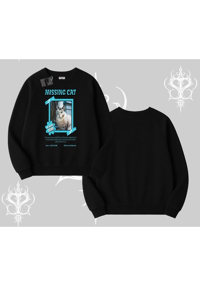 Missing Cat Baskılı Biskilet Sweatshirt Siyah