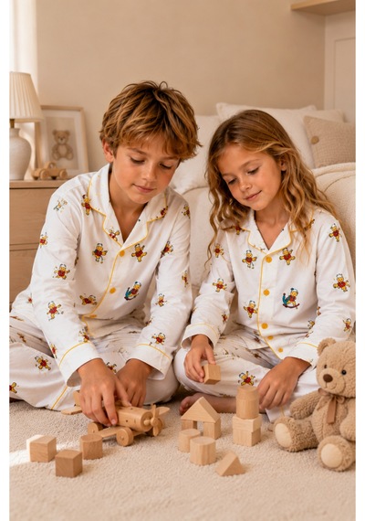 Free Beka Krem Renk Üstüne Desenli Erkek Ve Kız Uzun Kollu Pijama Takımı Ve Göz Bandı