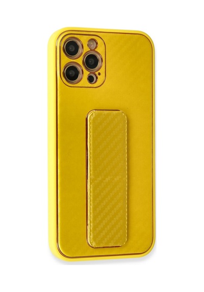 Apple iPhone Uyumlu 12 Pro Kılıf Coco Karbon Standlı Kapak - Sarı Bzsxx00 1