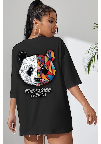 Unisex Panda Baskılı Kısa Kol T-shirt SIYAH