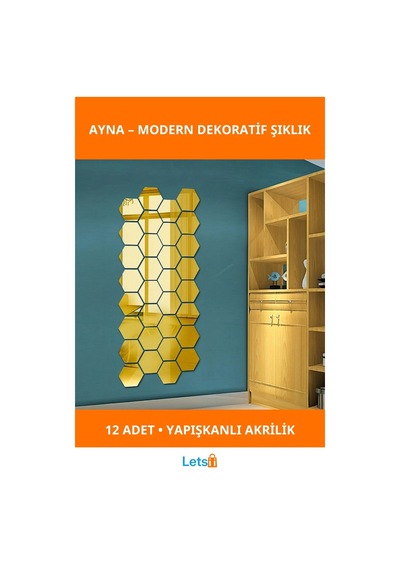 Yapışkanlı Akrilik Gold Altıgen Ayna 12 Adet Dekoratif 1 Adet