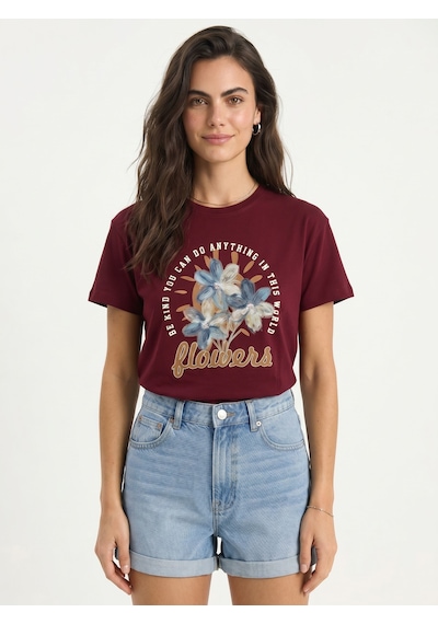 Onloox Kadın Bordo Bordo Pamuklu Bisiklet Yaka Kısa Kollu Yazı Baskılı Kabartma Çiçek Aplikeli Basic T-shirt