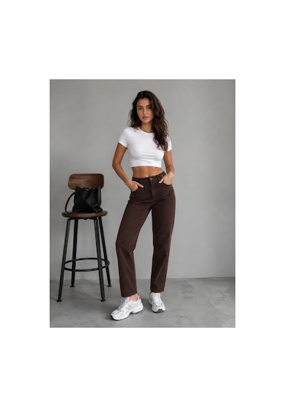 Kene Jeans Kahverengi Keten Kemer Tokalı Mom Pantolon Kahverengi
