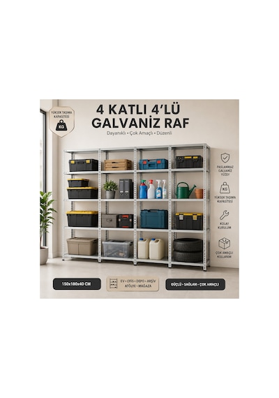 4 Katlı 4'lü Galvaniz Çelik Raf - Depo, Arşiv, Kiler, Dosya, Market Rafı, Mutfak Raf, Çok Amaçlı Raf 43x60x150 Cm Gri