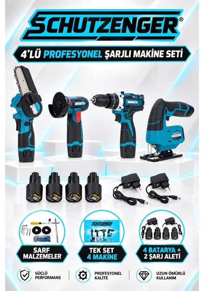 Şarjlı 4 Lü Set 4 Akülü Şarjlı Dekupaj Spral Taşlama Matkap Vidalama Budama Testere Mavi Seri Dawreek3