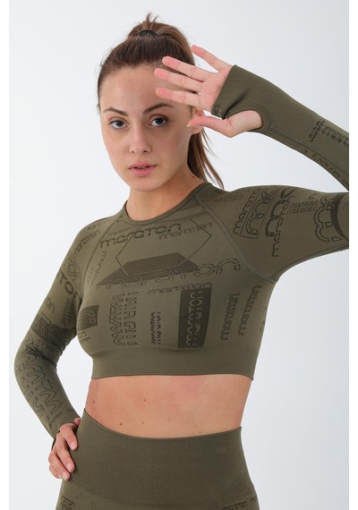 Maraton Active Slimfit Kadın Bisiklet Yaka Uzun Kol Koşu Haki Crop Top 816025 Haki