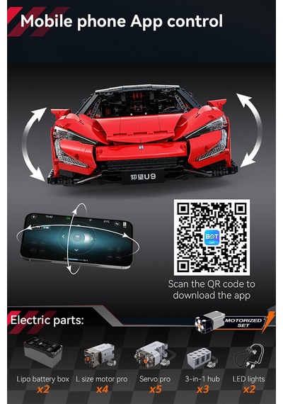 Cada 1:8 Yangwang U9 Supercar 3671 Parça Araba Yapım Seti Mobil Uygulama Destekli Kontrol C64011w