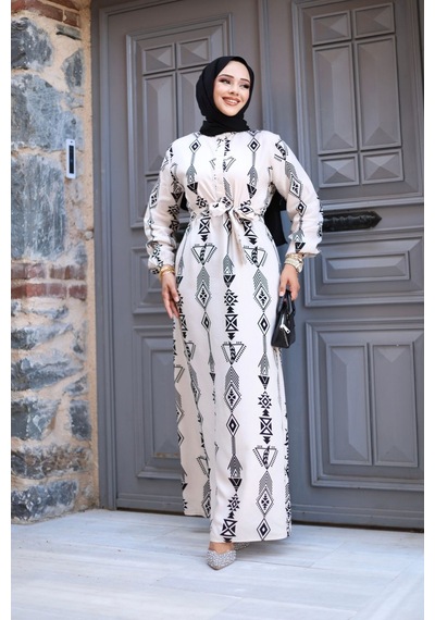 Hira Life Fashion Kadın Tesettür Geometrik Desen Önü Düğmeli Ve Bel Kuşaklı Viskon Elbise Beyaz Beyaz Hira Life Fashion Kadın Tesettür Geometrik Desen Önü Düğmeli Ve Bel Kuşaklı Viskon Elbise Beyaz Beyaz