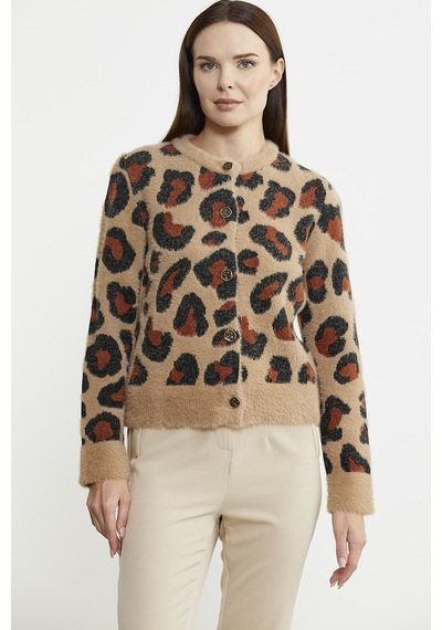 Sementa Leopar Desenli Sakallı Triko Hırka - Bej 001
