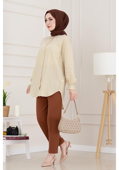 Sevitli Taş Detaylı Hilal Tunik-bej-4955 Bej