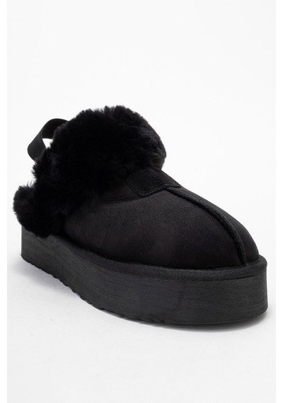 Luvishoes Luvi Shoes Olessa Siyah Hakiki Deri Süet Kadın Kürklü Terlik Siyah