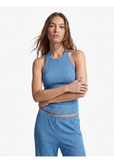 Koton Koton X Sibil Çetinkaya - Bürümcük Kumaş Sırt Dekolteli Kobalt Halter Yaka Bluz Mavi 6sak10075uk