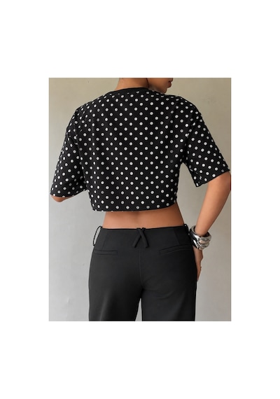 Hımmelduf Kadın Puantiye Desenli Crop Tişört Basic Oversize Yazlık Bluz Siyah
