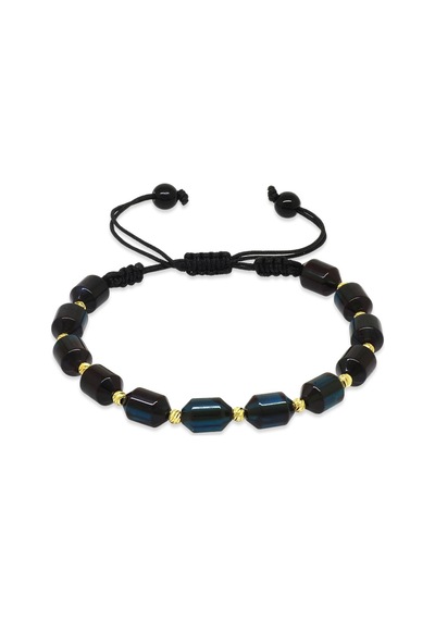 Tesbihane Makrome Örgülü Sarı Dorika Top Süslemeli Su Mavisi-siyah Ateş Kehribar Kadın Bileklik Çok Renkli
