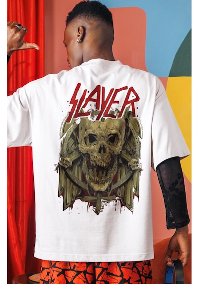 Slayer Rock Metal Müzik Grubu Sırt Baskılı Unisex Oversize Tişört Beyaz