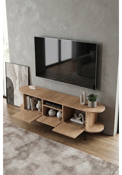 Tv Sehpası 160 Cm Modern 3 Kapaklı Tv Sehpa Çok Amaçlı Konsol Ünitesi Mira Bej