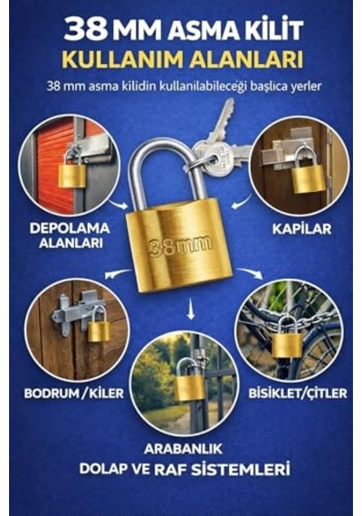 38 Mm Asma Kilit Anahtarlı Kilitleme Sistemi, Dayanıklı Metal Gövde, Güçlü Yapı, Kapı, Dolap, Depo, Raf, Zincir Ve Genel Güvenlik Kullanımı İçin Uygun