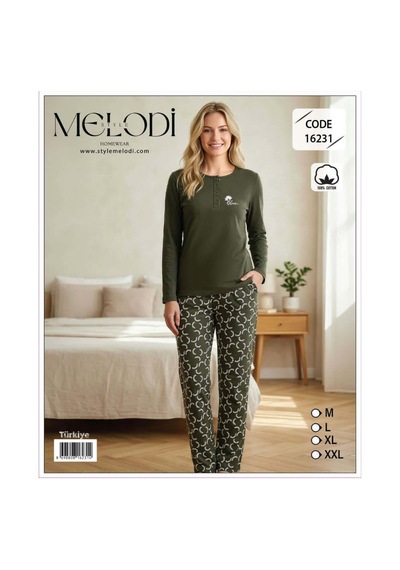 Melodi Kadın Standart Kalıp %100 Pamuk Düğmeli Yaka Uzun Kollu Baharlık Pijama Takımı 16231 - 1 Adet Haki Melodi Kadın Standart Kalıp %100 Pamuk Düğmeli Yaka Uzun Kollu Baharlık Pijama Takımı 16231 - 1 Adet Haki