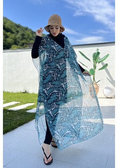 Remsa Tesettür Mayo Üzerine Triko Örme Tek Kaftan Pareo 430-t12 Çizgi Yaprak Ekru