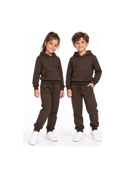 Rony Pony Kids Unisex Kız Erkek Çocuk Kahverengi 2 İplik Kapüşonlu Kanguru Cepli Eşofman Takımı