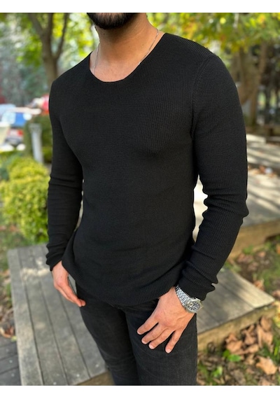 Elku Moda Kazak Örme Tüylenmez Naturel Pamuk Kazak Slim Fit Triko Dar Kesim Body Kazak Siyah